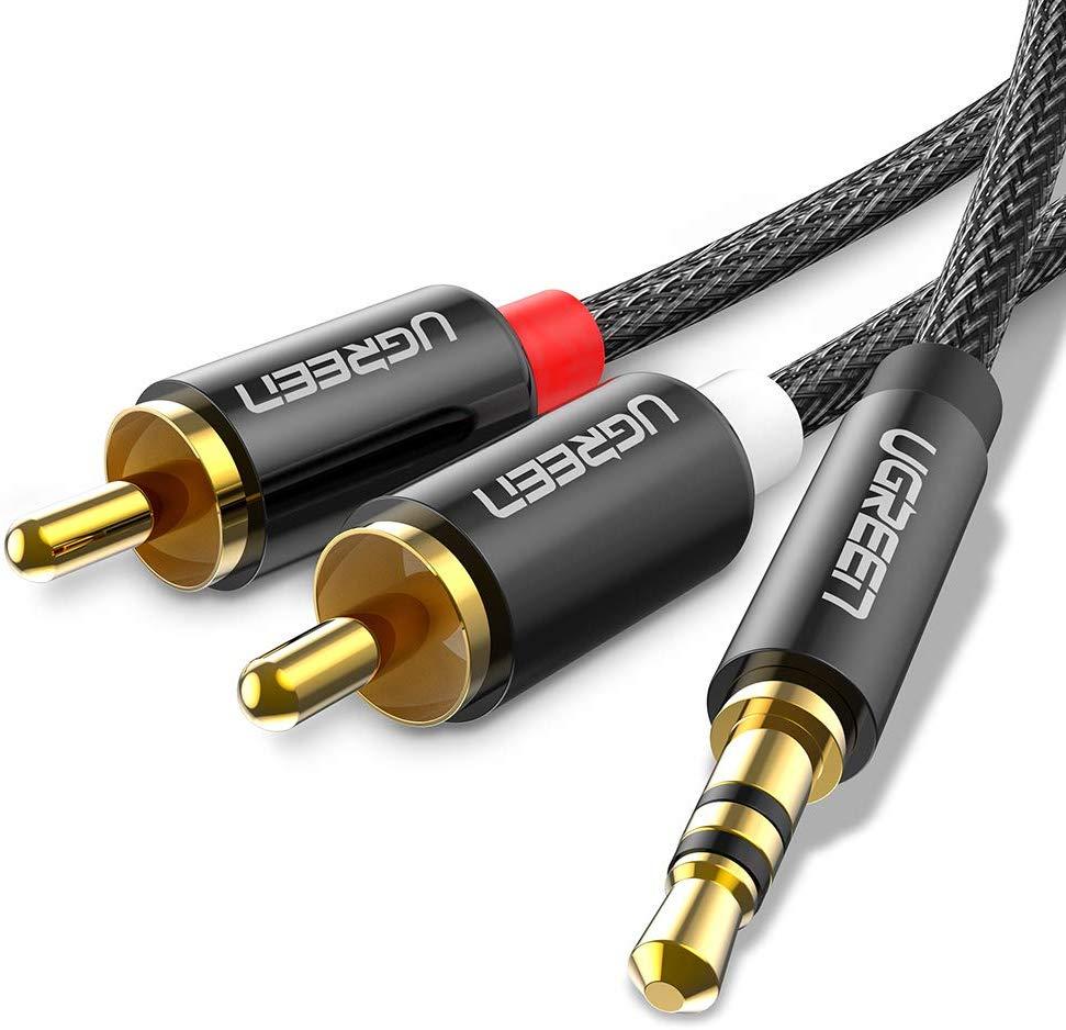 Аудио кабель Ugreen 2 RCA 3.5 Jack AUX Hi-Fi AV116 1 м Чёрным с серебристым (60240)