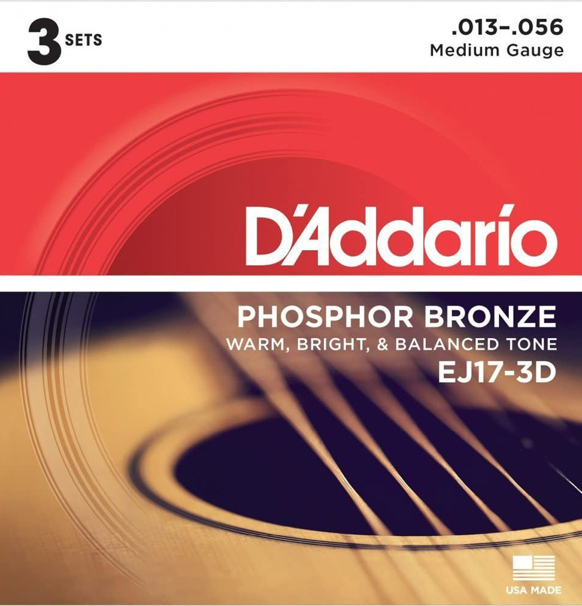 Струны для акустической гитары 6 шт D'Addario EJ17-3D Phosphor Bronze Medium Acoustic Guitar Strings 13/56