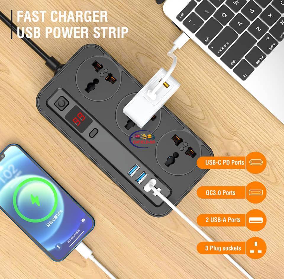 Сетевой фильтр-удлинитель Aspor A505 PD (3USB/USB-C/3A/20W/2м)- черный