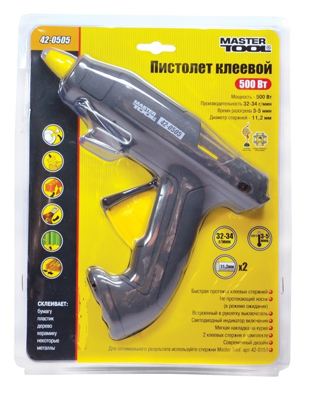 Пистолет клеевой MASTERTOOL Капля-Стоп Ø 11,2 мм 500Вт/220В/50Гц 32-34 г/мин Gray with Yellow (42-0505)