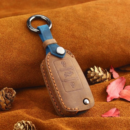 Премиальный защитный чехол из выделанной кожи для флип ключа VW (Volkswagen) коричневый 3 кнопки