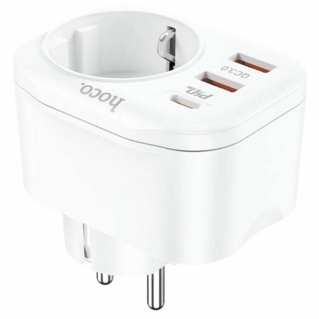Адаптер мережевий 1 розетка + 2USB + Type-C + QC HOCO NS3 White