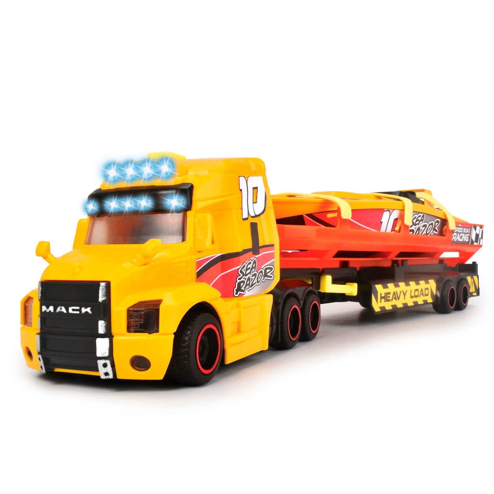 Игрушечный грузовик Dickie Toys Тягач Mack Перевозка катера с прицепом 41 см Оранжевый (IG-OL185859)