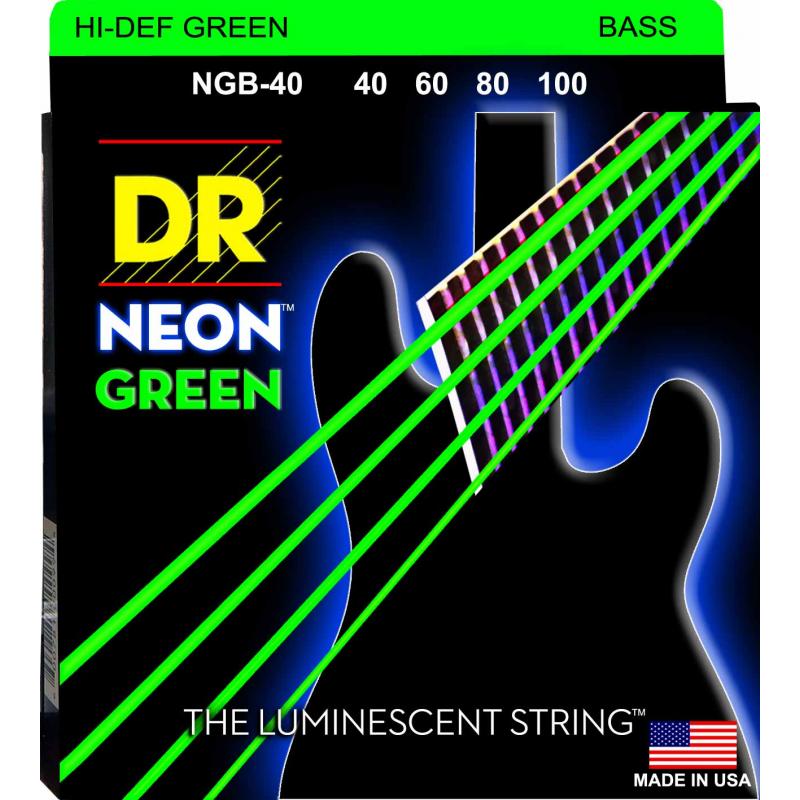 Струны для бас-гитары DR NGB-40 Hi-Def Neon Green K3 Coated Light Bass Guitar 4 Strings 40/100