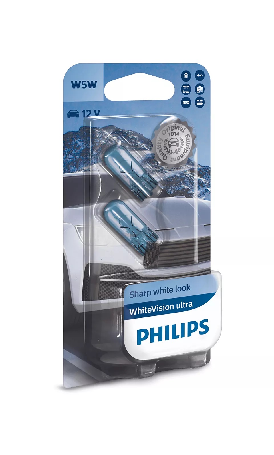 Автолампа Philips 12961WVUB2 W5W 12V W2.1X9.5d WhiteVision ultra +60% (3300K) 2шт./блистер