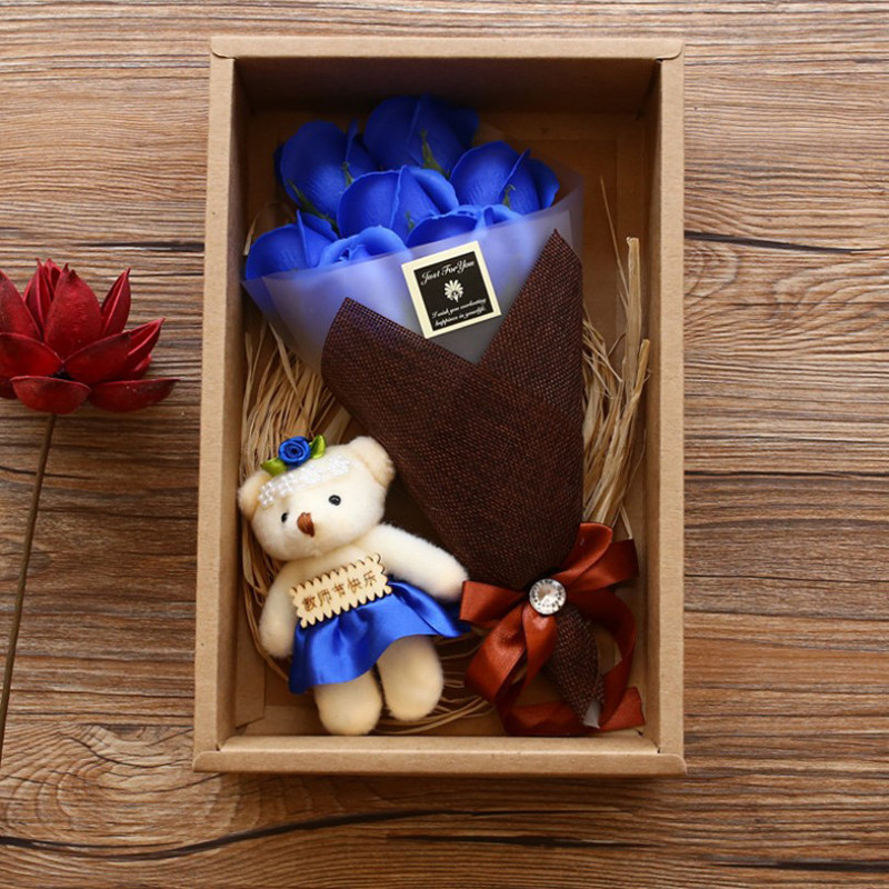 Подарунковий букет 7 троянд з мила Lesko X1-1 Blue з ведмедиком