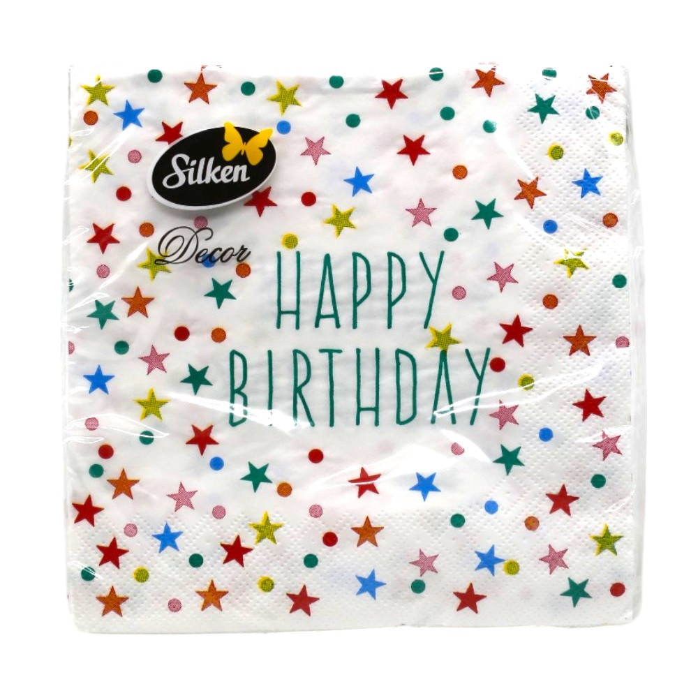 Салфетки бумажные Silken Birthday's Stars 33х33 см 3 слоя Разноцветный 18 шт