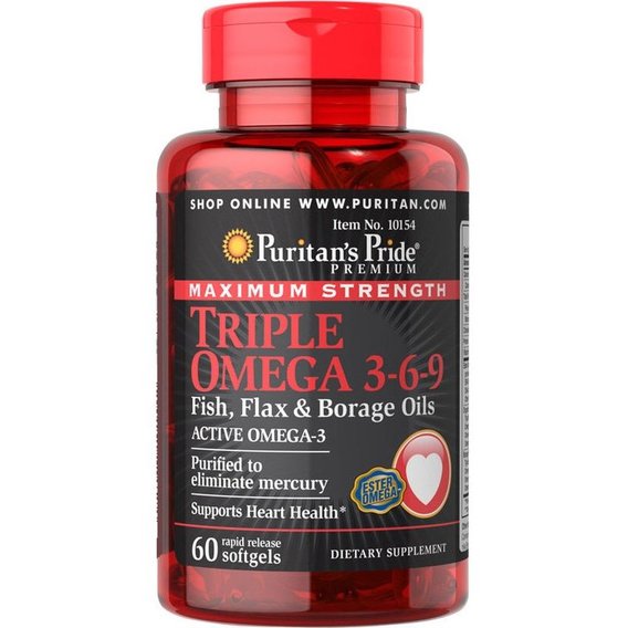 Льняное масло Puritan's Pride Maximum Strength Triple Omega 3-6-9 Fish, Flax & Borage Oils 60 Softgels