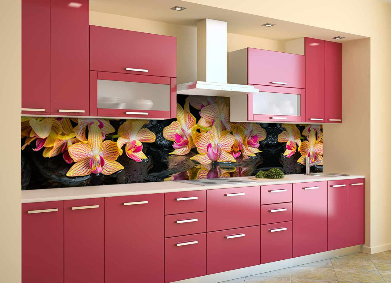 Скидали на кухню Zatarga «Помаранчеві Орхідеї» 600х3000 мм вінілова 3Д наклейка кухонний фартух самоклеюча Z180549/2