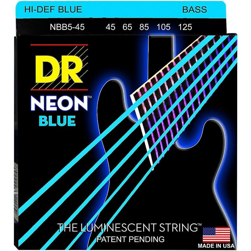 Струны для бас-гитары DR NBB5-45 Hi-Def Neon Blue K3 Coated Medium Bass Guitar 5 Strings 45/125