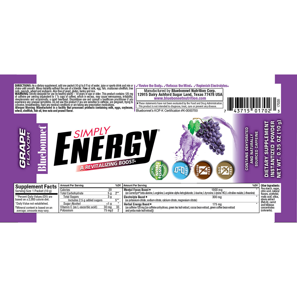 Енергетичний напій у порошку Bluebonnet Nutrition Simply Energy Grape Смак Винограду 14 пакетиків по 10 г