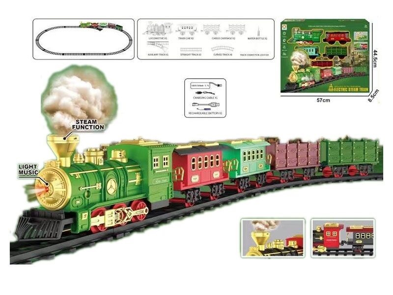 Железная дорога Electric Steam Train 3.7V USB 17 деталей 4 вагона Green and red (153769)