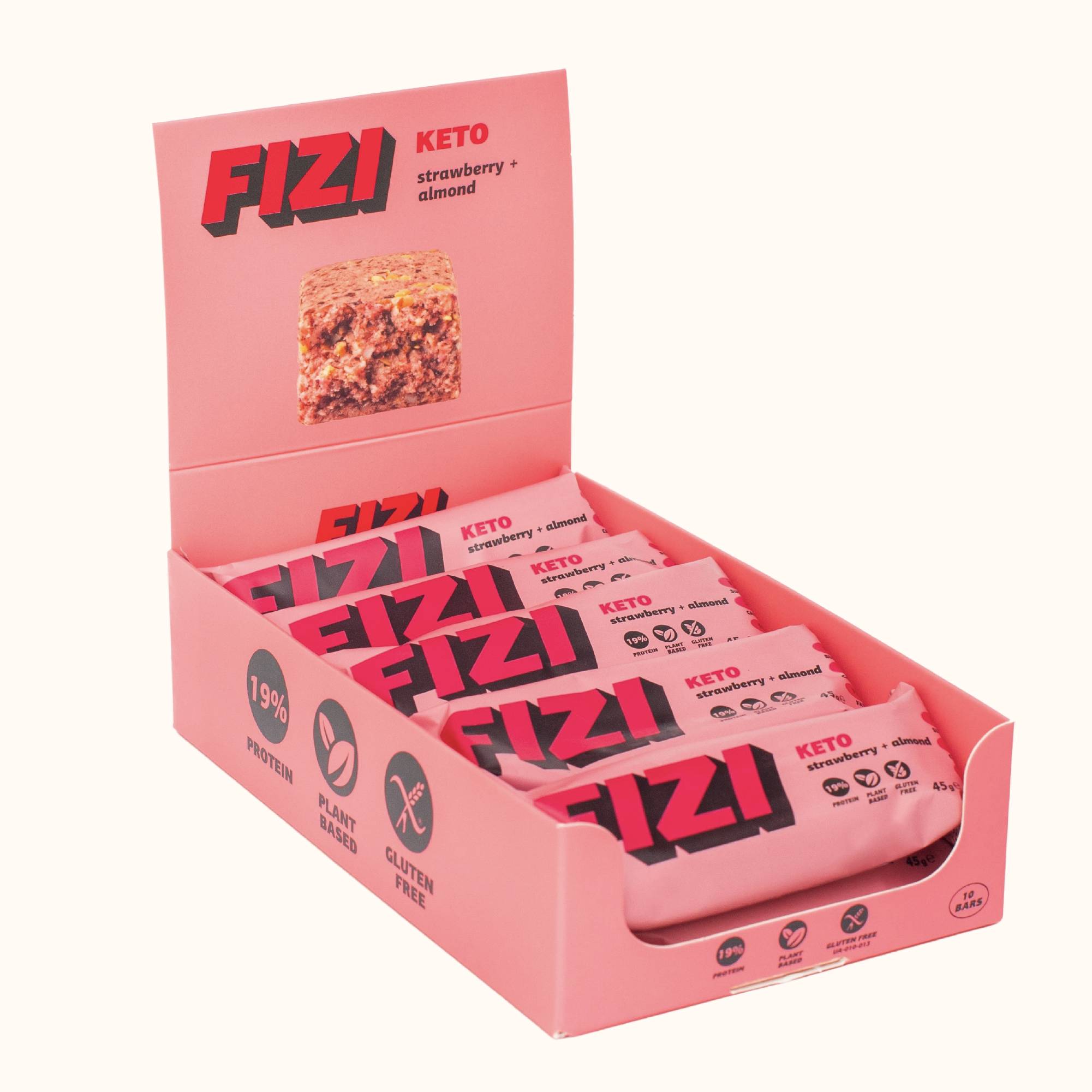Батончик кето протеиновый FIZI Strawberry almond 45 г х 10 шт Веган (4820262540368)
