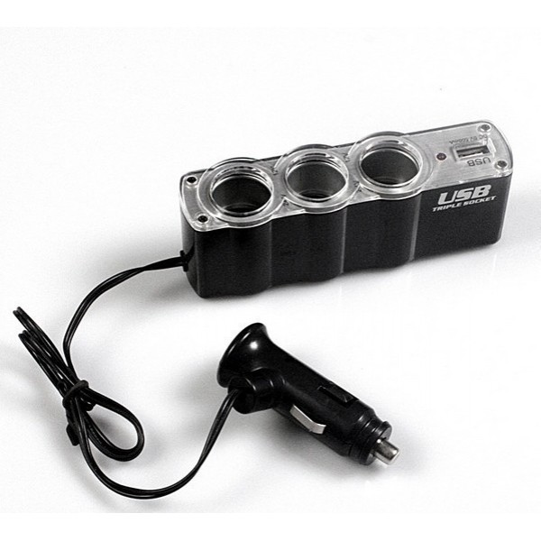 Автомобільний розгалужувач-трійник 12/24V + USB Чорний