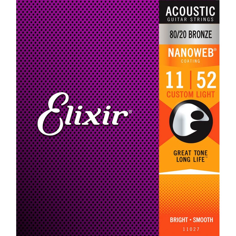 Струни для акустичної гітари Elixir 11027 Nanoweb 80/20 Bronze Acoustic Custom Light 11/52