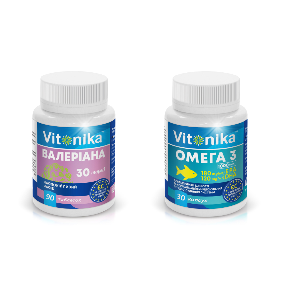 Валеріана Vitonika 30 мг у таблетках №90 + ОМЕГА-3 180 EPA/120 DHA 1000 мг №30