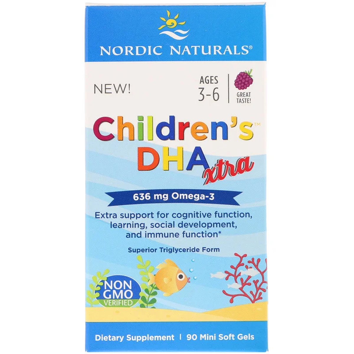 Рыбий Жир (ДГК) для детей Nordic Naturals Children's DHA Xtra 3-6 лет 636 мг Ягодный вкус 90 Мини капсул