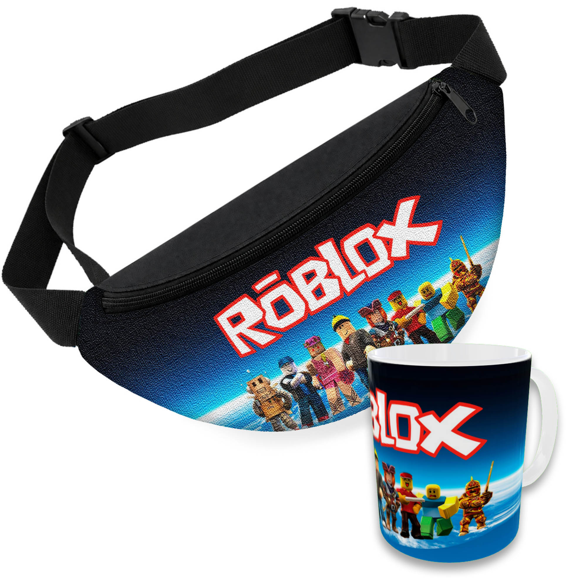 Дитячий набір: сумка-бананка з принтом Roblox 32х15 см та керамічний гурток 330 мл