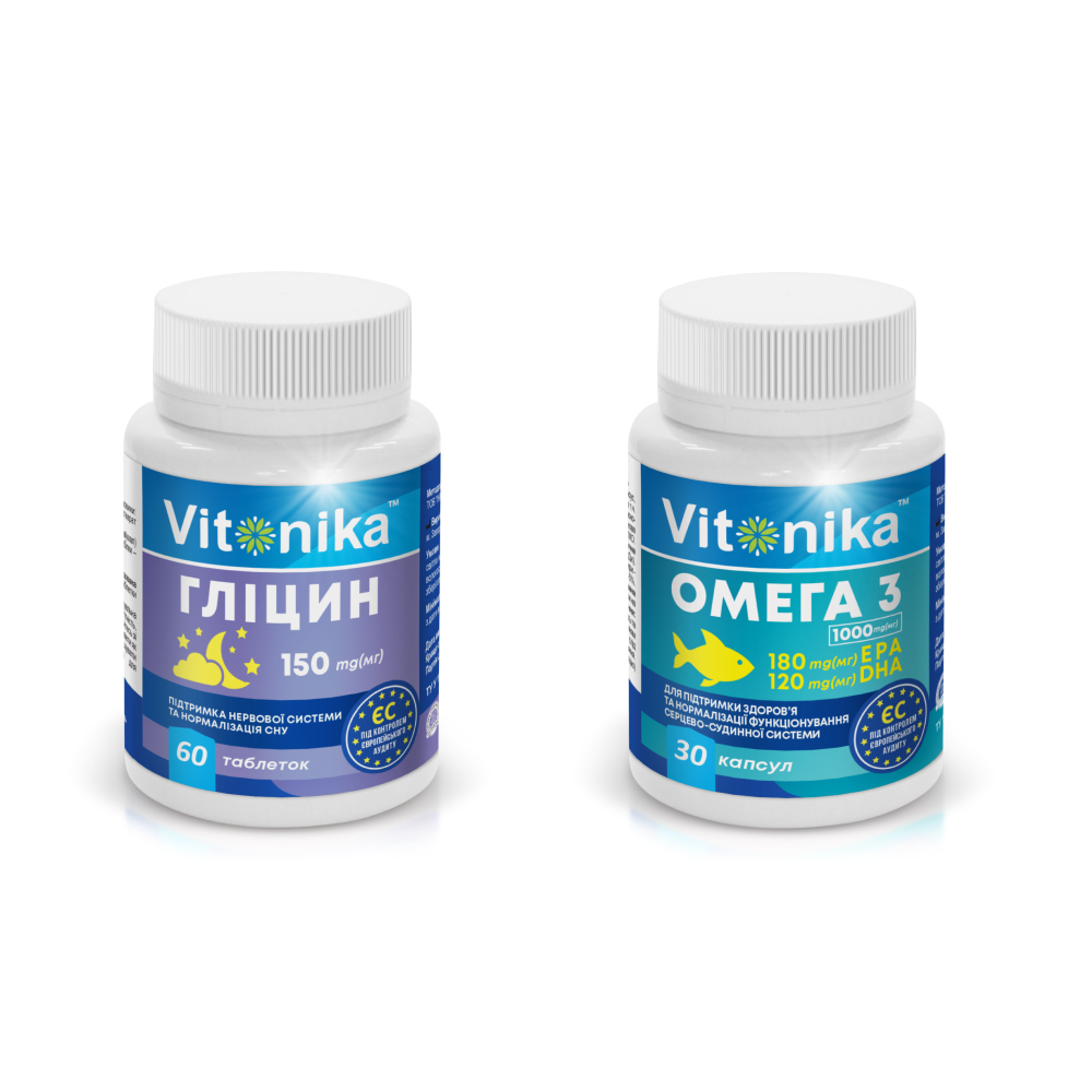 Гліцин Vitonika 150 мг у таблетках №60 + Vitonika ОМЕГА-3 180 EPA/120 DHA 1000 мг №30