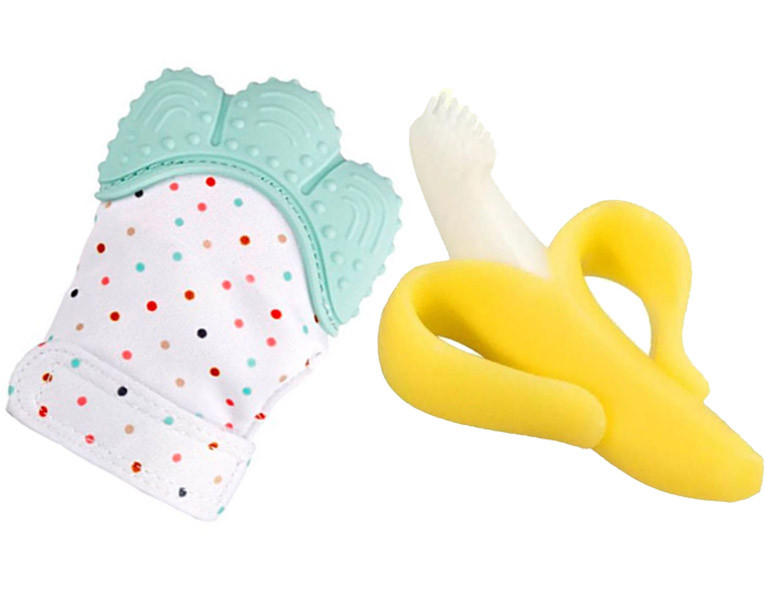 Дитячий силіконовий прорізувач-рукавичка для зубів 2Life Бірюзовий + Прорізувач-щітка Банан (n-1447)