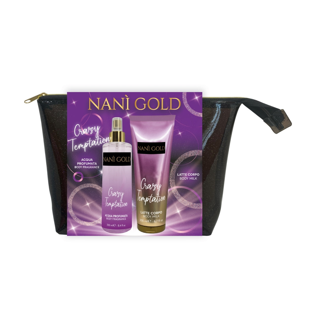 Набор подарочный Crazy Tempation Nani Gold спрей 250мл молочко 200мл косметичка
