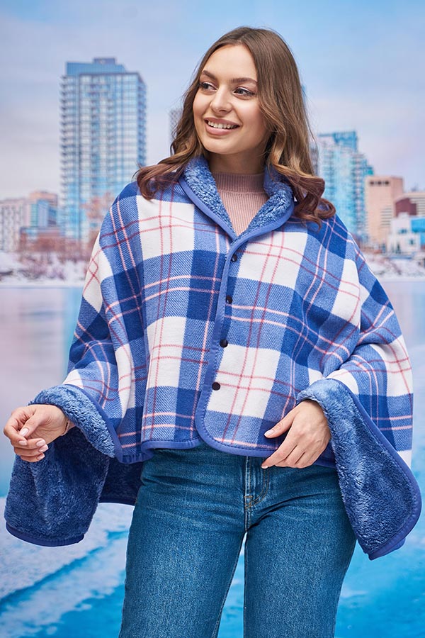 Теплое кашемировое пончо утепленное мехом (7012) Braxton One size Синий