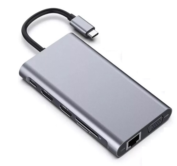 Переходник Lucom USB Type-C-HDMI +VGA + Type-C PowerDelivery 87W 4xUSB +RJ45 +Cardreader Серебрянный (62.09.8375)