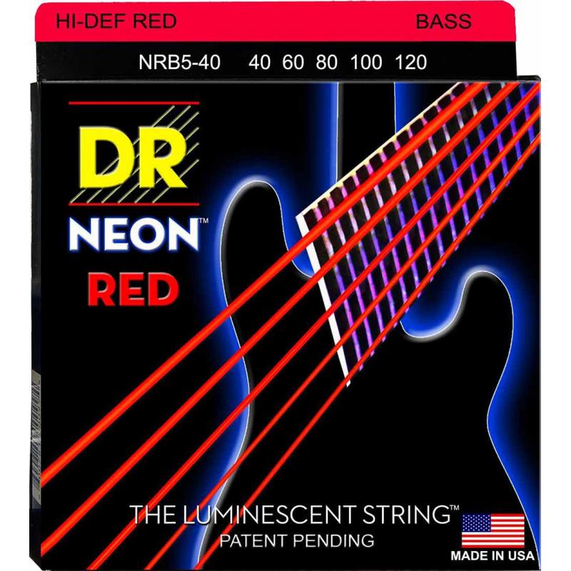 Струны для бас-гитары DR NRB5-40 Hi-Def Neon Red K3 Coated Light Bass Guitar 5 Strings 40/120