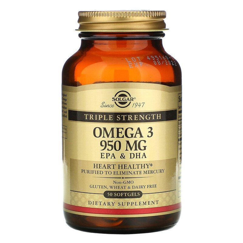 Омега-3 рыбий жир Omega-3 EPA DHA Solgar тройная сила 950 мг 50 гелевых капсул