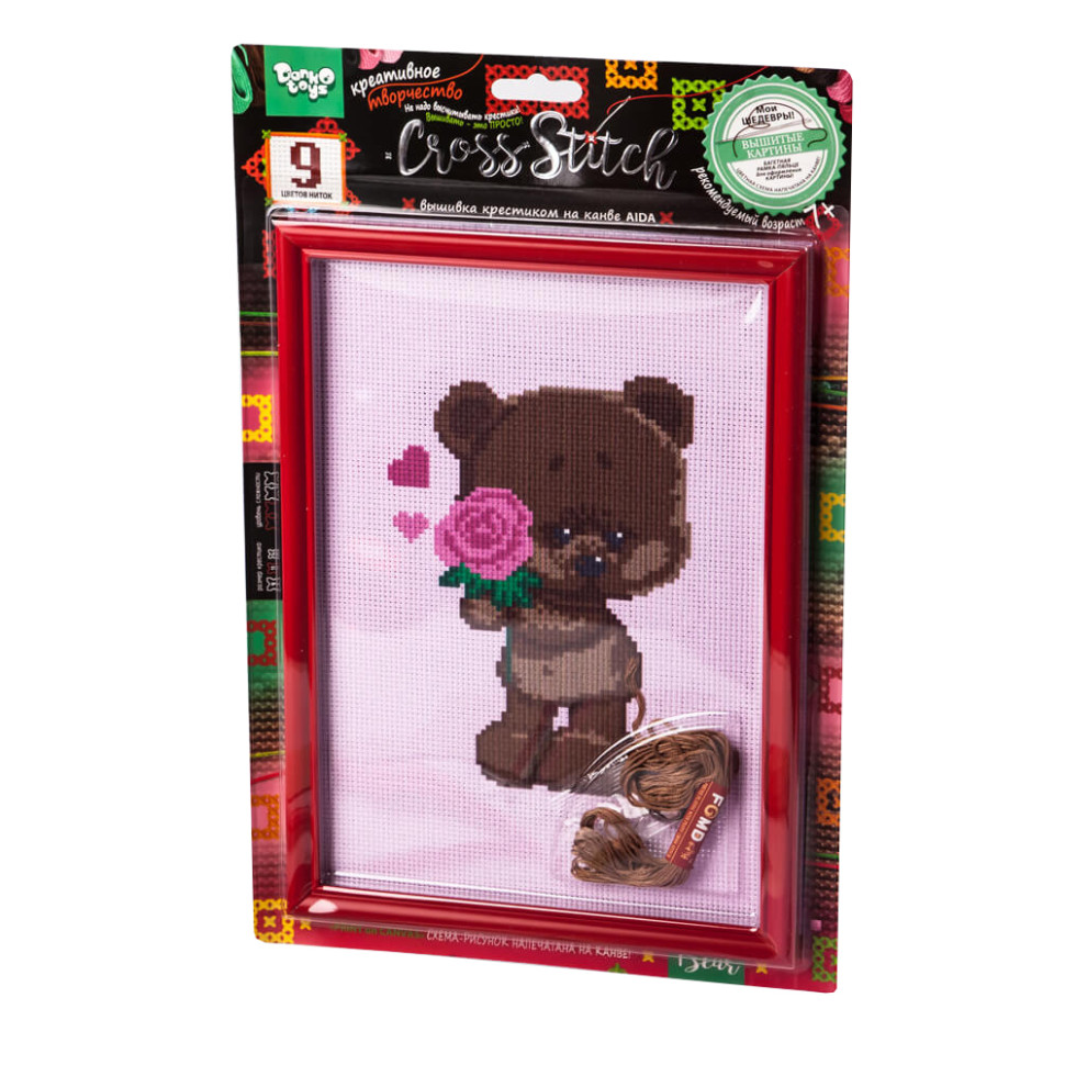 Набор для вышивки крестиком на канве Медвежонок и роза Danko Toys VKB-01-06 9 цветов ниток