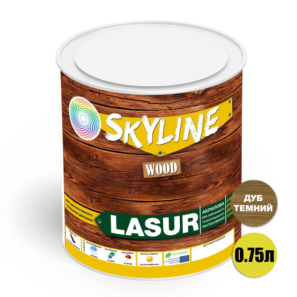 Лазурь декоративно-защитная для обработки дерева SkyLine LASUR Wood Дуб темный 750 мл