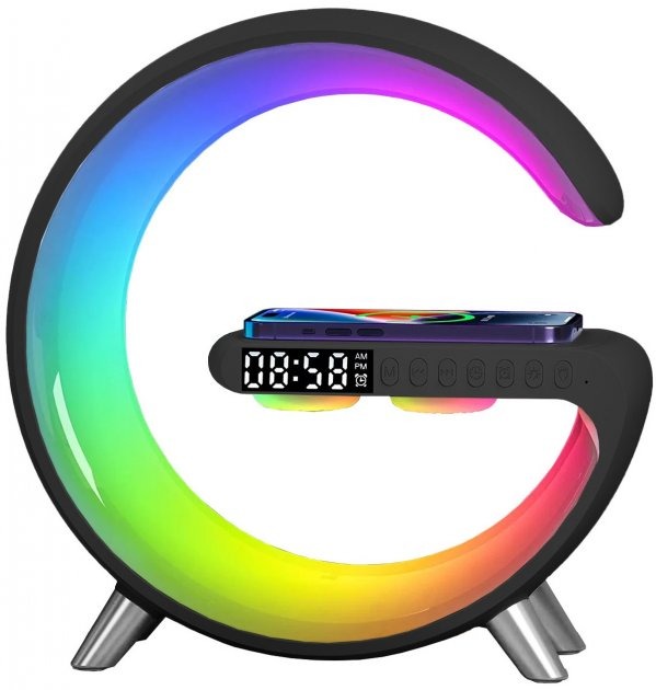 Настольная смарт лампа-ночник G-Smart RGB с часами беспроводной зарядкой 15W Bluetooth-колонкой 3W (GL-Black)
