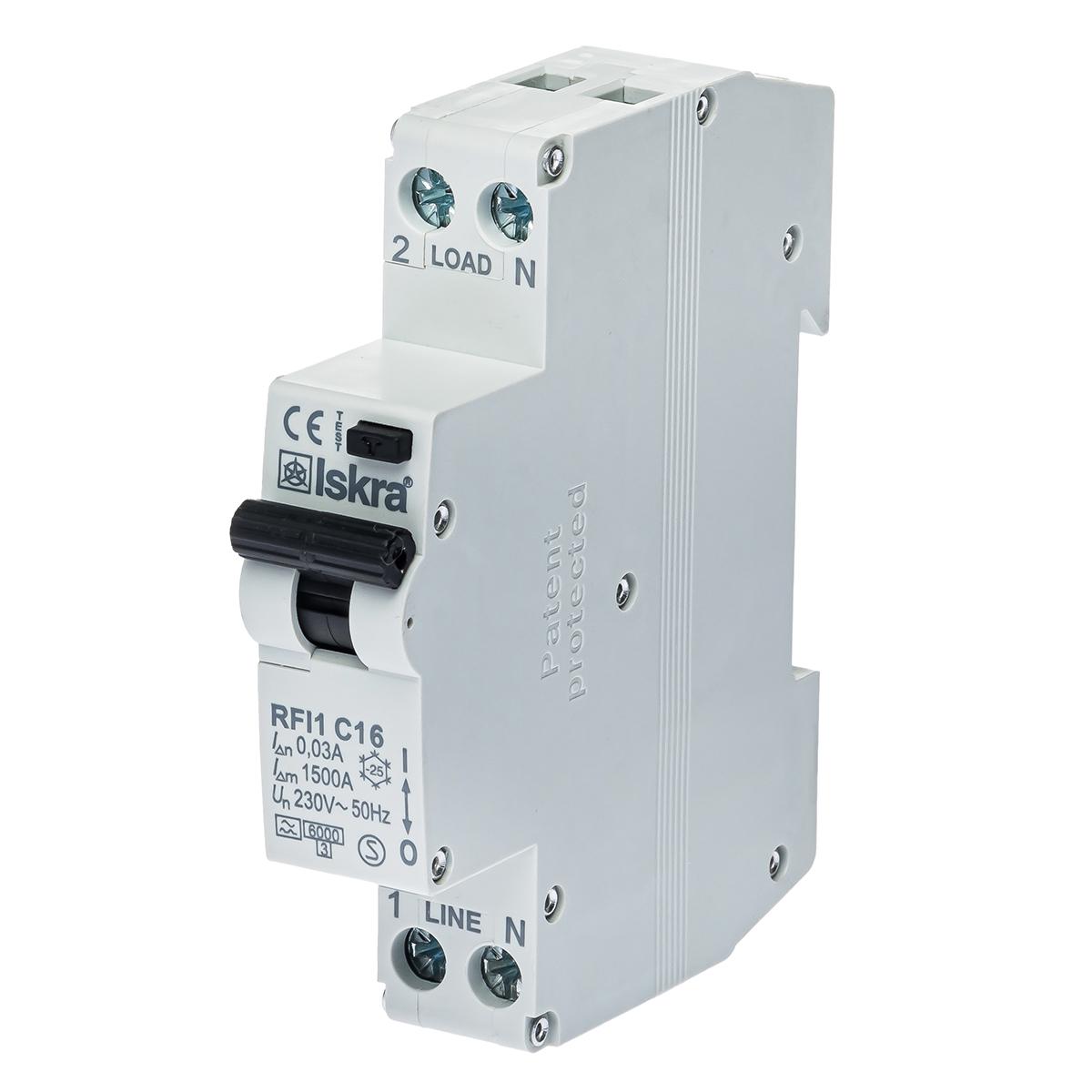Диференціальний автоматичний вимикач ISKRA RFI1C16A 1P+N 16 A AC 30 mA DIN IP20 (786100920000)