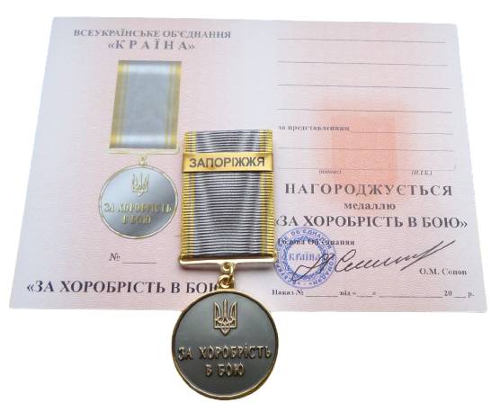 Медаль з документом Mine за хоробрість в бою ЗАПОРІЖЖЯ 35 мм Бронза (hub_gzm66k)