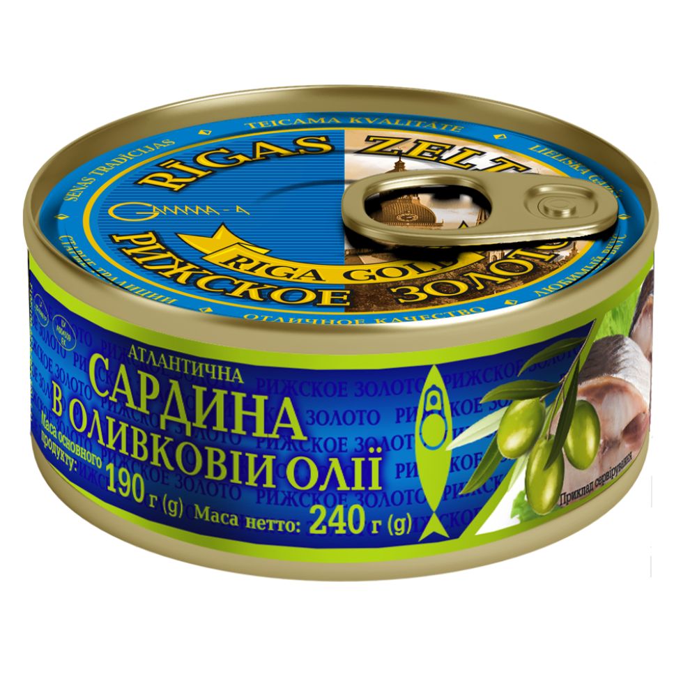 Сардина атлантическая в оливковом масле Рижское золото 240 г (4820062447508)