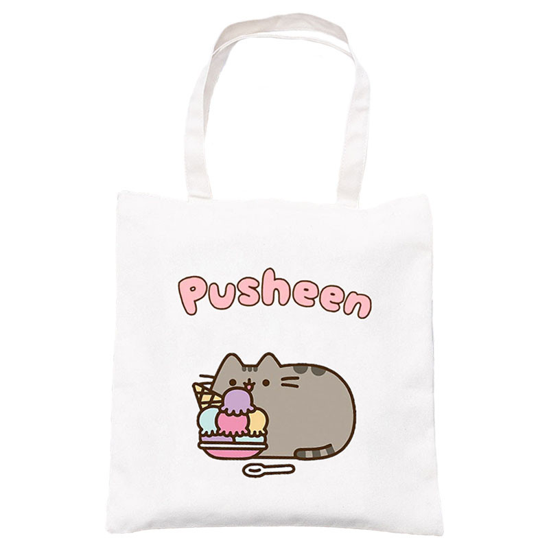 Сумка эко-шоппер No brand Pusheen cat Кот с мороженым 35х38 см на молнии Белый (v-12143)