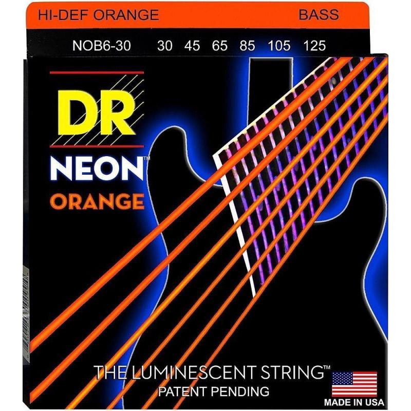 Струны для бас-гитары DR NOB6-30 Hi-Def Neon Orange K3 Coated Medium Bass 6 Strings 30/125