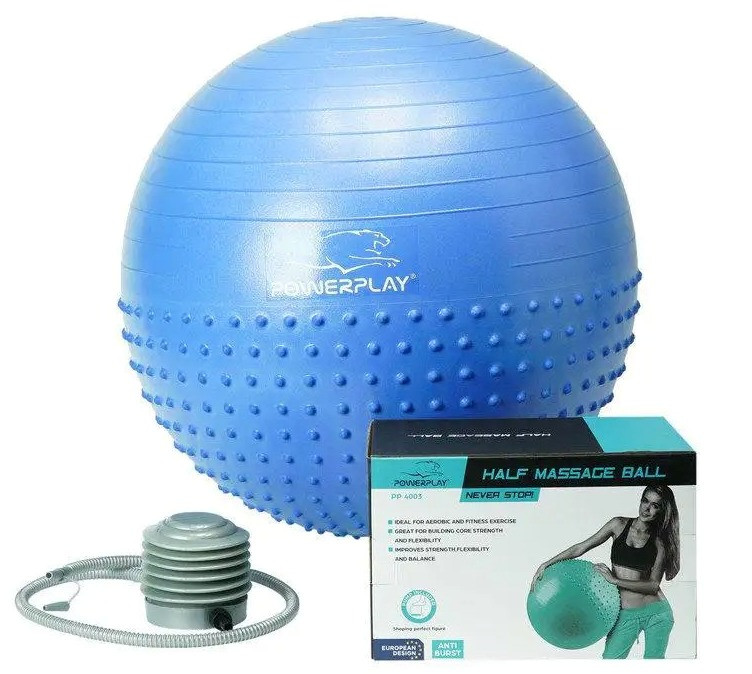 М'яч для фітнесу фітбол напівмасажний + помпа PowerPlay Gymball 4003 Ø65 cm Синій