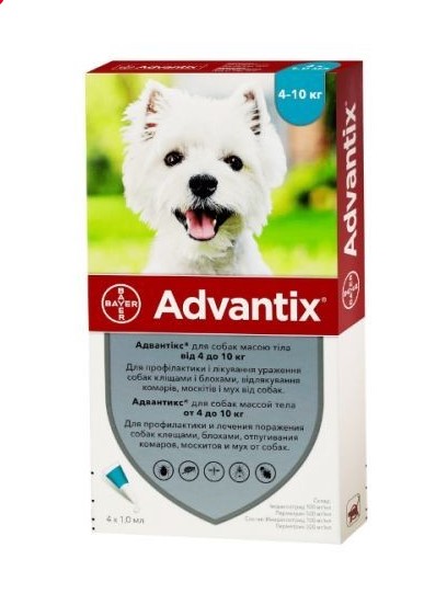 Капли Bayer Адвантикс Advantix от блох и клещей для собак весом 4-10 кг 4 пипетки х 1 мл 85910396