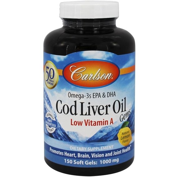 Жир из печени трески Carlson Labs Cod Liver Oil Gems Low Vitamin A 1000 mg 150 Soft Gels Lemon Flavor