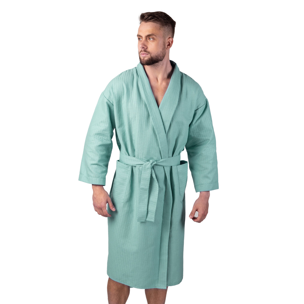 Вафельний халат Luxyart Кімоно розмір 50-52 L 100% бавовна Блакитна (LS-1703)