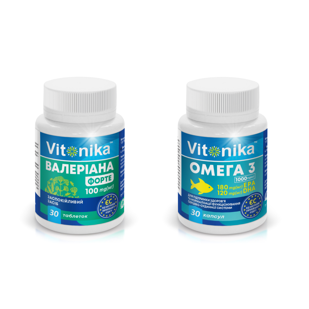 Валеріана Vitonika 100 мг у таблетках №30 + Vitonika ОМЕГА-3 180 EPA/120 DHA 1000 мг №30
