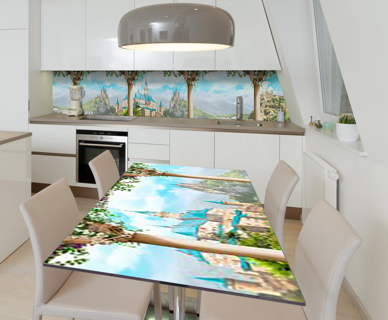 Наклейка 3Д виниловая на стол Zatarga «Замок с бирюзовой крышей» 650х1200 мм для домов, квартир, столов,