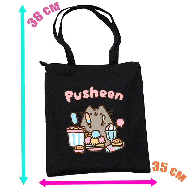 Сумка эко-шоппер No brand Pusheen cat Кот со сладостями 35х38 см на молнии Черный (v-12144)
