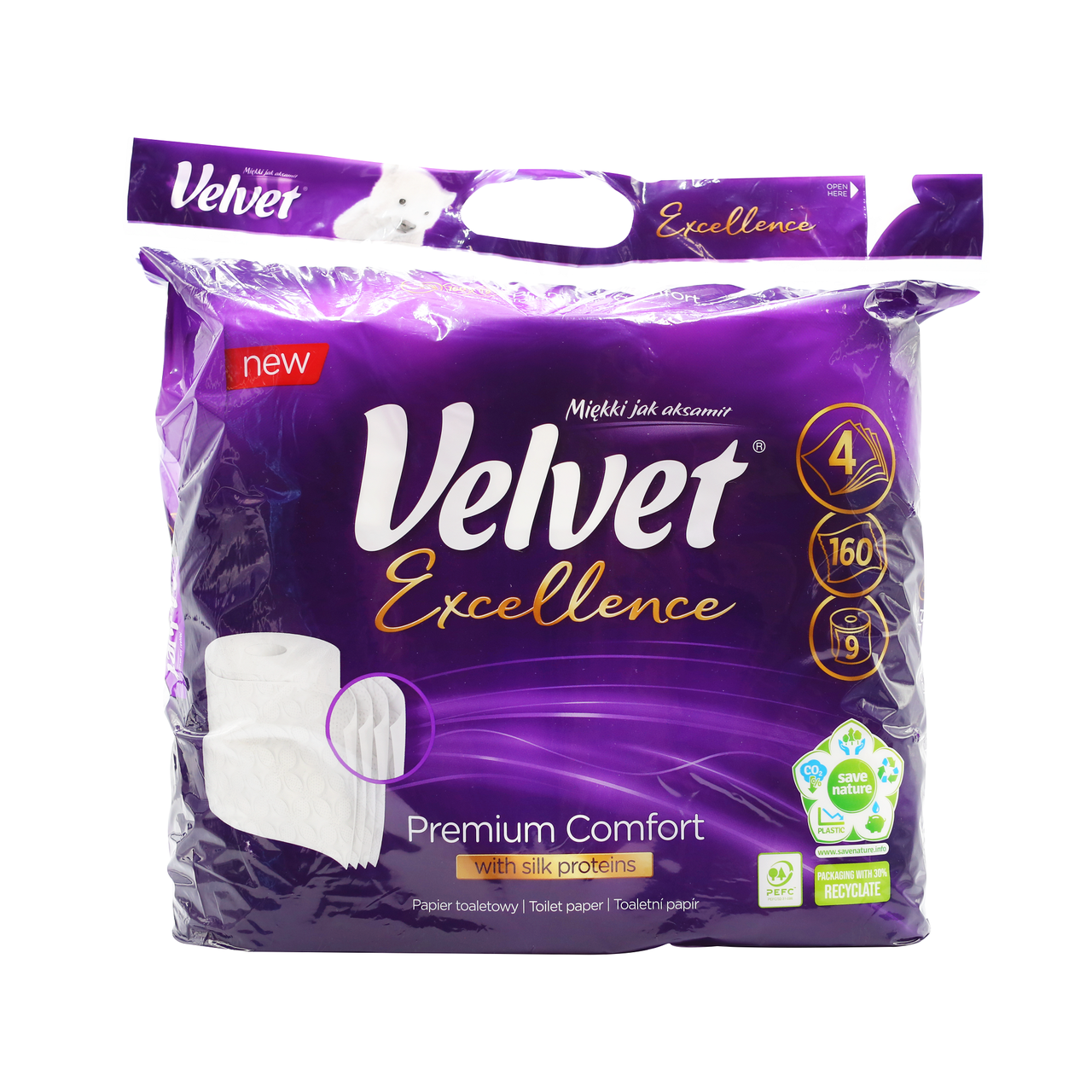 Туалетний папір Velvet Excellence Silk Proteins чотиришаровий 160 відривів 9 рулонів