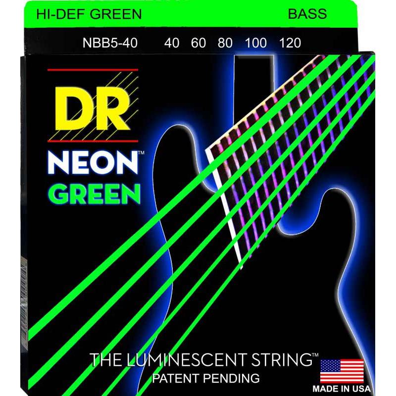 Струни для бас-гітари DR NGB5-40 Hi-Def Neon Green K3 Coated Light Bass Guitar 5 Strings 40/120