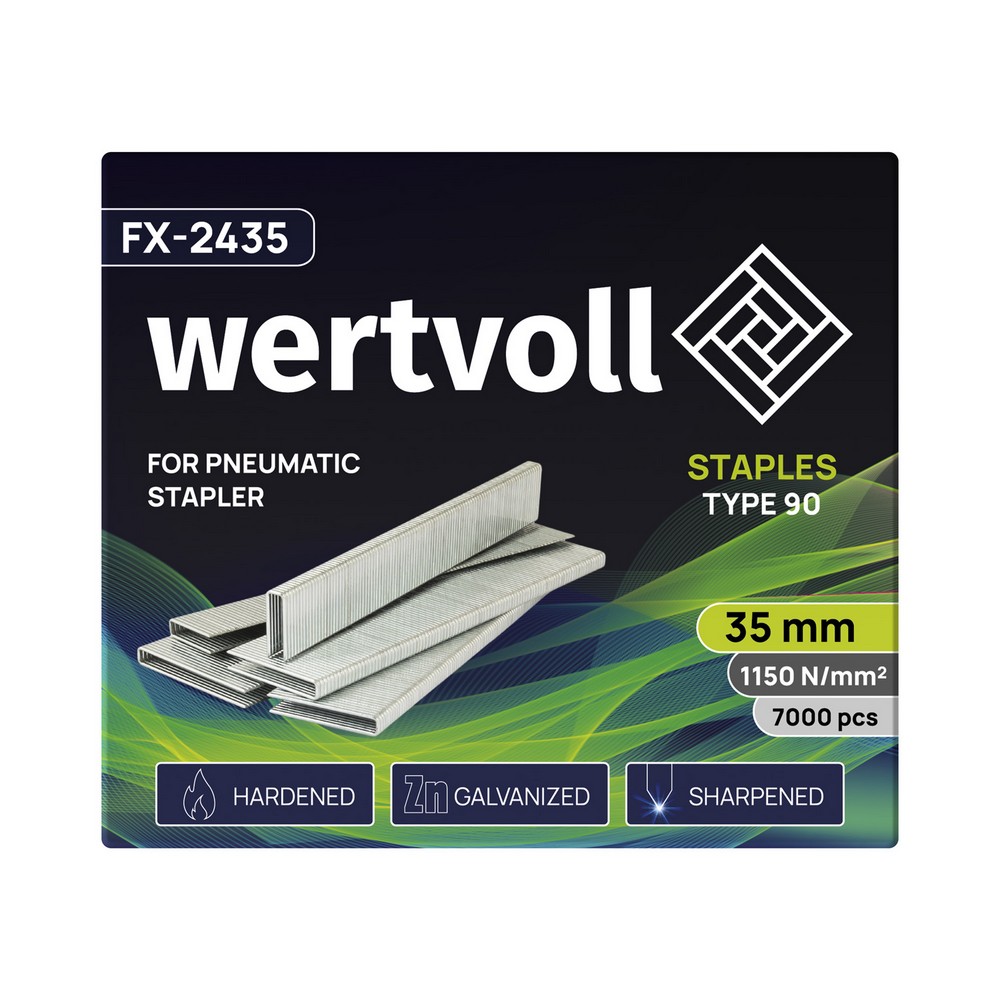 Скобы закаленные для пневмостеплера WERTVOLL 90 35 мм/5.8х1.25 мм 7000 шт Gray (FX-2435)