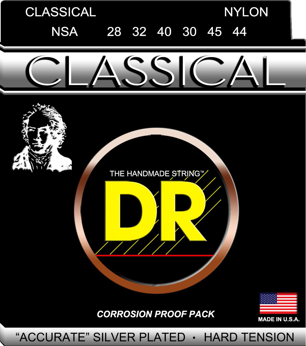 Струни для класичної гітари DR NSA Nylon Classical Silver Plated Strings Hard Tension