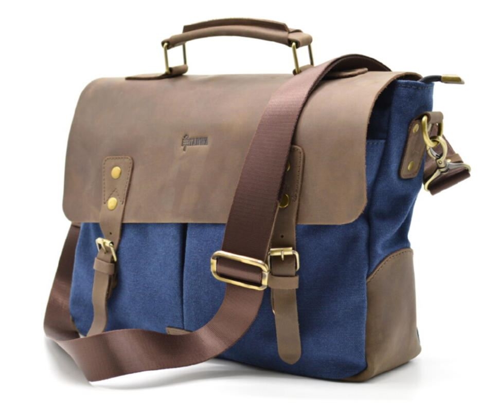 Мужская сумка-портфель кожа+парусина RK-3960-4lx TARWA Коричневый/синий