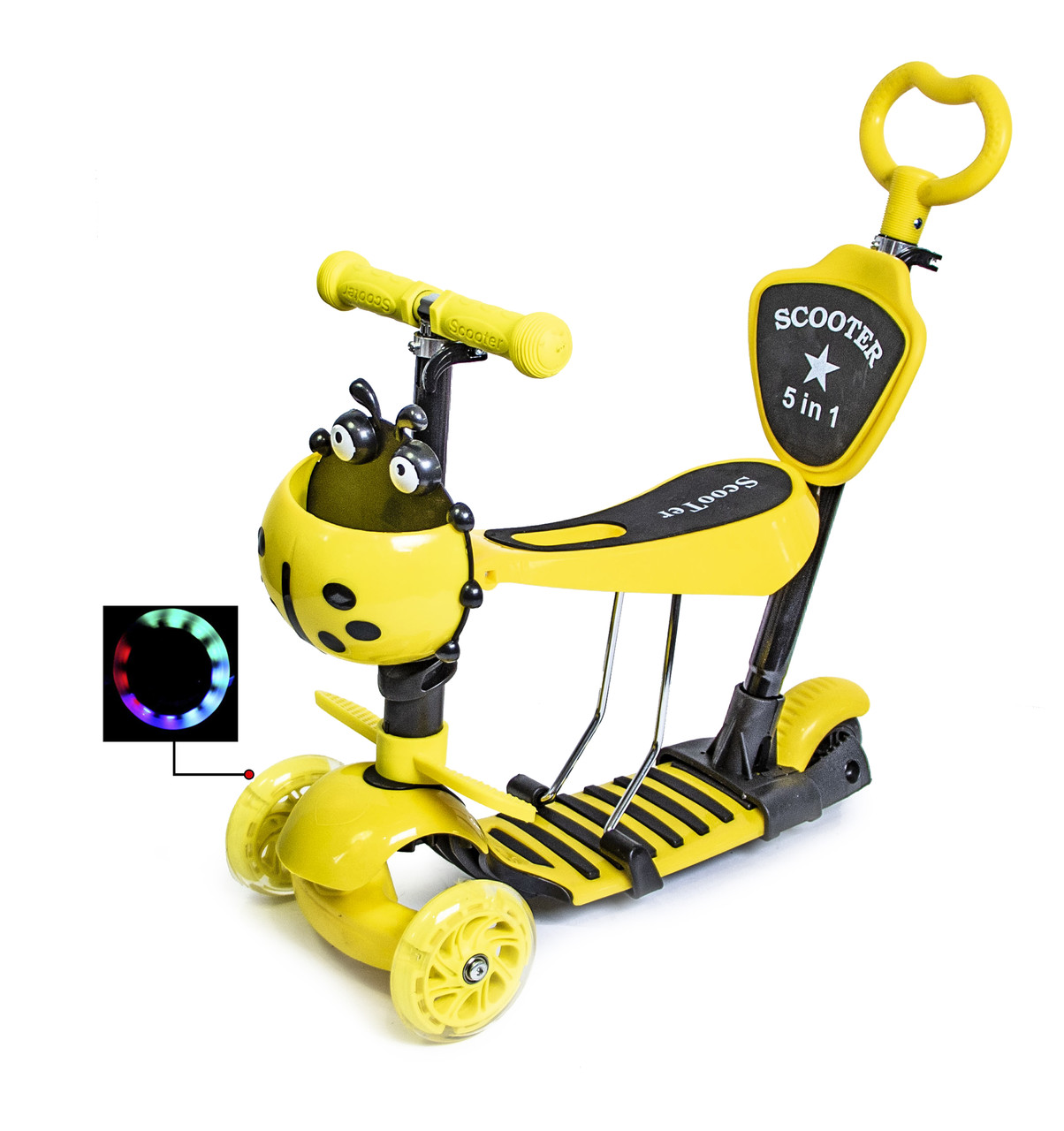 Детский самокат - трансформер 5в1 с подсветкой Scooter "Божья коровка" Yellow